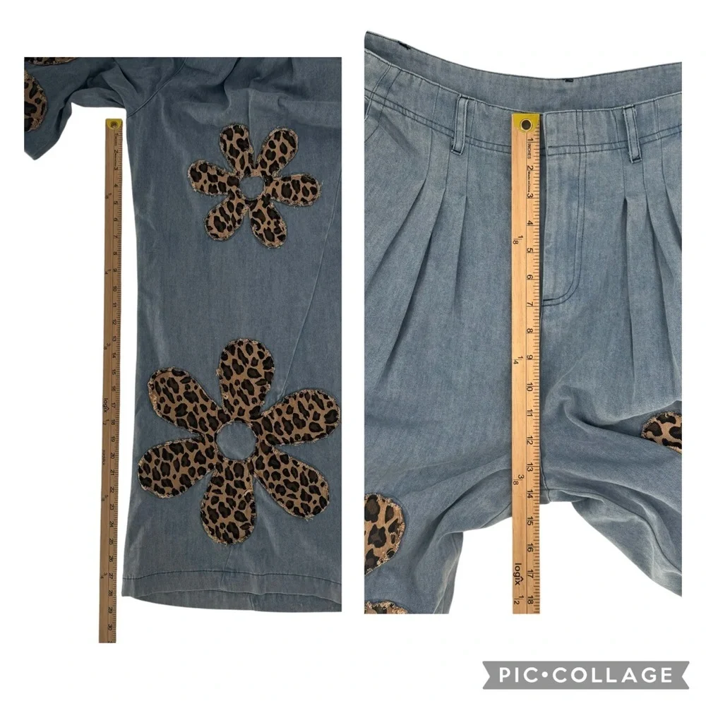 NWT BiBi Light Wash Animal Leopard Cheetah Boho Floral Patch Wide Leg Jeans XL - Picture 9 of 10